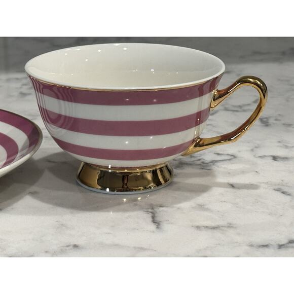 Afternoon Tea Pink White Stripe Gold Tea Cup Saucer Set - Picture 6 of 11